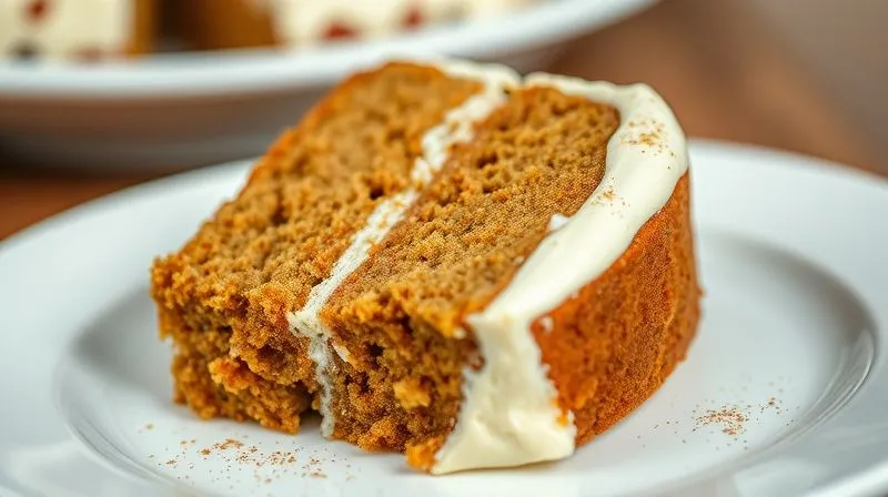 A close-up, photorealistic, professional photography, 8K, cinematic lighting image of a slice of gluten-free low-calorie carrot cake, beautifully plated with a dollop of light cream cheese frosting (made from Greek yogurt) and a sprinkle of cinnamon, on a clean white plate. Sharp focus on the cake, depth of field blurring the background. Shot on a high-end DSLR.