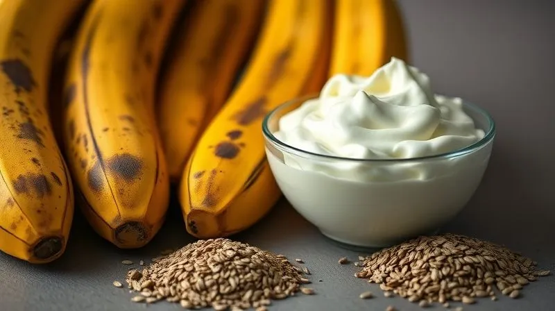 Photorealistic close-up of very ripe bananas with dark spots, next to a bowl of unsweetened applesauce, Greek yogurt, and a small pile of ground flaxseed, emphasizing healthy baking ingredients, 8K, cinematic lighting, sharp focus, depth of field