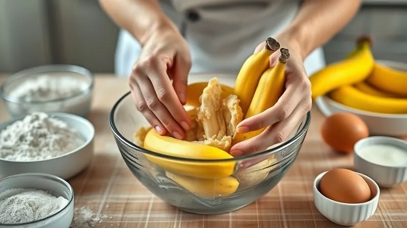Photorealistic image of hands gently mashing very ripe bananas in a bowl, alongside other healthy baking ingredients like flour, eggs, and yogurt, in a clean, modern kitchen setting, 8K, cinematic lighting, sharp focus, depth of field