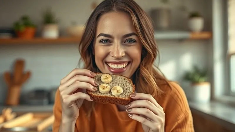 Photorealistic image of a joyful woman, Anna, taking a bite of a slice of banana bread, smiling, in a cozy kitchen setting, natural light, emphasizing satisfaction and healthy eating, 8K, cinematic lighting, sharp focus, depth of field