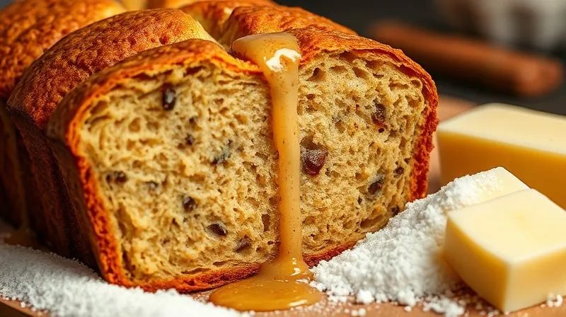 A photorealistic close-up of a traditional, golden-brown banana bread slice, dripping with glaze, next to a pile of white sugar and a stick of butter, cinematic lighting, sharp focus, depth of field, 8K, professional photography.