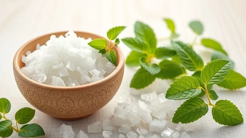 A close-up, photorealistic shot of various natural sweeteners: a bowl of white erythritol crystals, green stevia leaves, and xylitol, arranged artfully on a light wooden background, sharp focus, depth of field, cinematic lighting, 8K, professional photography.
