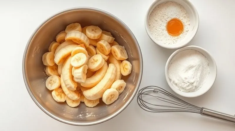 A photorealistic overhead shot of the process of making banana bread: ripe bananas being mashed in a bowl, wet and dry ingredients in separate bowls, and a whisk, all on a clean kitchen counter with natural light, sharp focus, depth of field, 8K, professional photography.