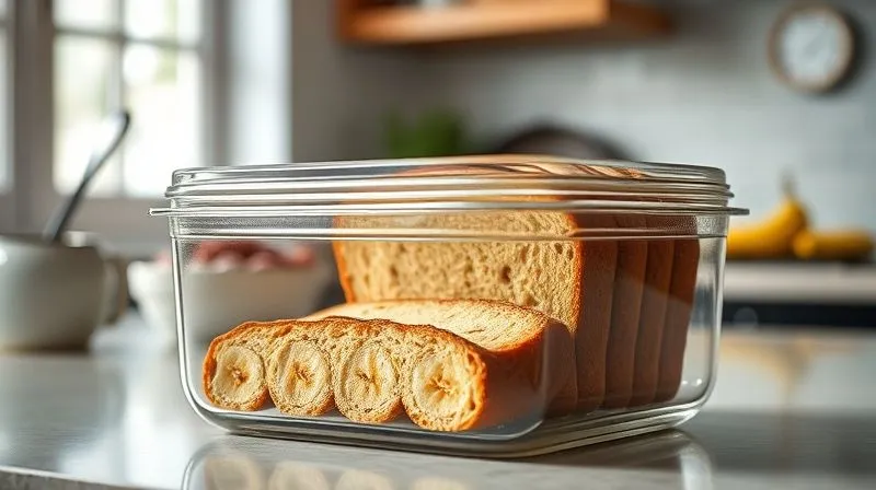 A photorealistic image of a perfectly sliced, fit banana bread stored in an elegant glass airtight container on a kitchen counter, with a blurred background of a healthy breakfast setting, cinematic lighting, sharp focus, 8K, professional photography.