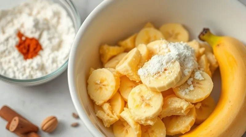 A photorealistic, professional photography, 8K, cinematic lighting, sharp focus, depth of field, shot on a high-end DSLR, of a bowl with mashed ripe bananas, next to a bowl of dry ingredients (flour, baking soda, spices), ready to be mixed. The scene is clean and well-lit, emphasizing fresh, healthy components.