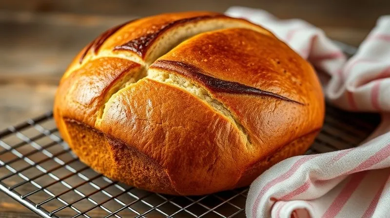 A photorealistic, professional photography, 8K, cinematic lighting, sharp focus, depth of field, shot on a high-end DSLR, of a golden-brown, perfectly risen banana bread cooling on a wire rack, with a kitchen towel draped nearby. The focus is on the texture and color of the crust.