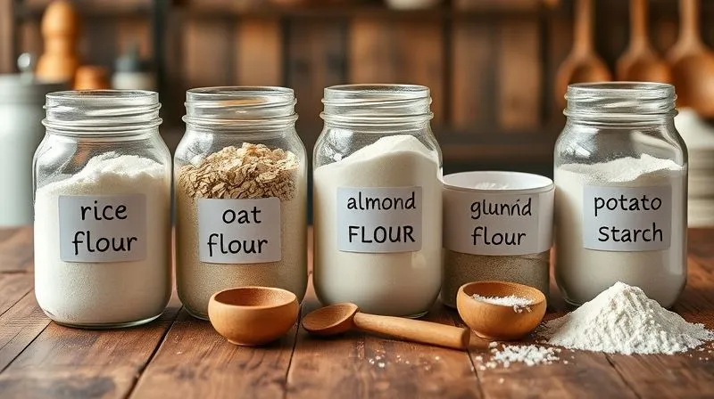 Photorealistic, professional photography, 8K, cinematic lighting, sharp focus, depth of field, shot on a high-end DSLR. A rustic wooden table showcasing various gluten-free flours in individual glass jars: rice flour, oat flour, almond flour, and potato starch. Each jar is clearly labeled, with small wooden scoops beside them, emphasizing natural and wholesome ingredients in a warm, inviting kitchen setting.