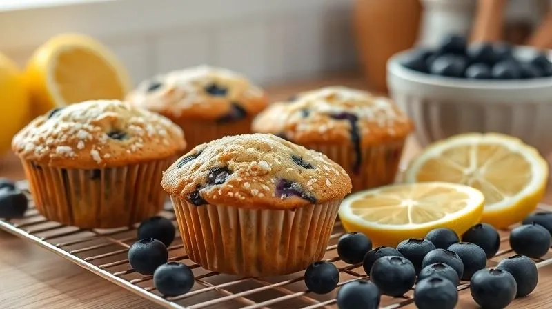 Photorealistic, professional photography, 8K, cinematic lighting, sharp focus, depth of field, shot on a high-end DSLR. A warm, inviting scene of freshly baked gluten-free low-calorie lemon-blueberry muffins cooling on a wire rack on a kitchen counter. The muffins are golden-brown with visible blueberries, topped with a light dusting of powdered erythritol, surrounded by fresh lemon slices and blueberries, with soft, diffused natural light.