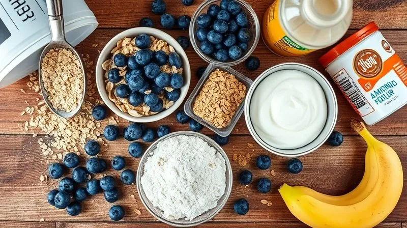 Photorealistic, professional photography, 8K, cinematic lighting, sharp focus, depth of field, shot on a high-end DSLR. A beautifully arranged flat lay of high-quality baking ingredients: a scoop of whey protein powder, a bowl of rolled oats, almond flour, a container of Greek yogurt, fresh blueberries, a bottle of coconut oil, and a ripe banana, all on a rustic wooden table. The scene is clean, bright, and inviting, emphasizing natural and healthy components.