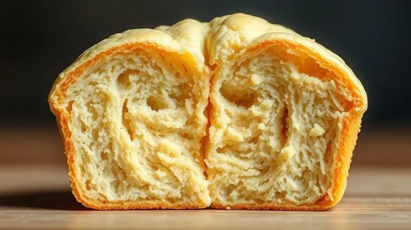 A photorealistic, professional photography shot of a cross-section of a protein muffin, clearly showing two different textures. One half is perfectly moist, airy, and fluffy with visible pockets, while the other half is dense, dry, and gummy. Cinematic lighting highlights the contrast, with sharp focus on the textures, depth of field blurring the background, 8K hyper-detailed, shot on a high-end DSLR. The image visually explains the problem and the desired outcome.