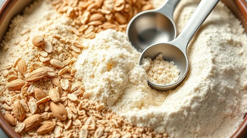 A close-up, photorealistic image of a bowl of various gluten-free flours (almond, oat, rice) with measuring spoons, natural light, sharp focus on texture. professional photography, 8K, cinematic lighting, depth of field, shot on a high-end DSLR.