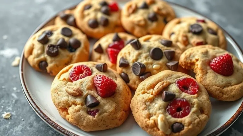 A photorealistic, vibrant spread of various low-calorie, gluten-free cookies with different healthy toppings like berries, nuts, and dark chocolate chips. professional photography, 8K, cinematic lighting, sharp focus, depth of field, shot on a high-end DSLR, on a stylish ceramic plate.