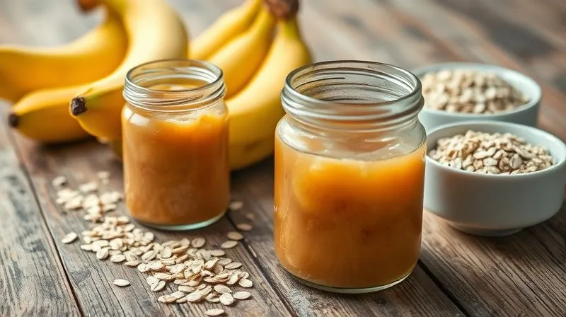 A close-up, photorealistic image of ripe bananas, homemade apple sauce in a glass jar, and rolled oats in separate bowls on a rustic wooden table, bathed in soft, natural light, sharp focus on the ingredients, depth of field blurring the background. 8K hyper-detailed, professional photography, shot on a high-end DSLR.