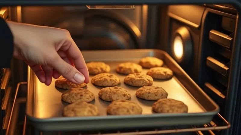 A photorealistic, professional photography shot of a hand gently placing a tray of golden-brown oatmeal cookies into a preheated oven, with a soft blur on the background kitchen setting. The focus is on the cookies and the oven's interior. 8K hyper-detailed, cinematic lighting, depth of field, shot on a high-end DSLR.