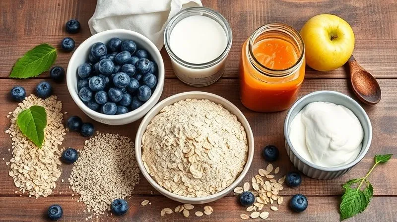 A vibrant, photorealistic, professional photography flat lay of various healthy gluten-free baking ingredients on a rustic wooden table. Ingredients include a bowl of gluten-free oat flour, fresh blueberries, a jar of apple puree, a container of Greek yogurt, chia seeds, and natural sweeteners like erythritol. Cinematic lighting, sharp focus on the ingredients, depth of field. Shot on a high-end DSLR, 8K hyper-detailed.