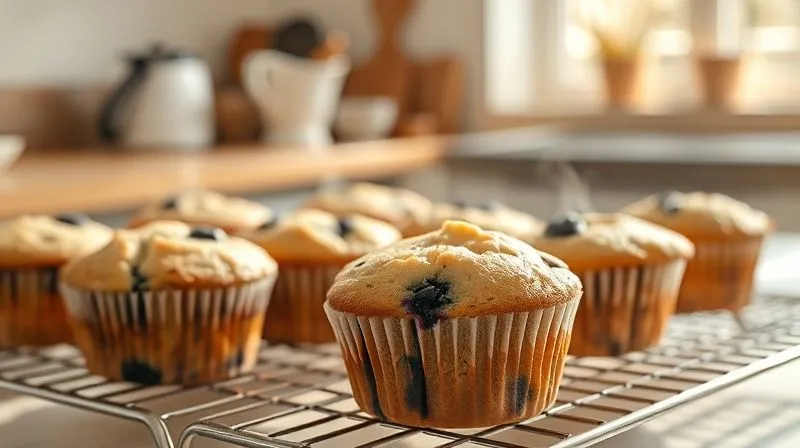A professional, photorealistic photography shot of a batch of freshly baked, perfectly golden-brown gluten-free blueberry muffins cooling on a wire rack in a sunlit kitchen. Steam is subtly rising from the muffins, highlighting their moist texture. The background shows a soft blur of a kitchen counter with a window, warm cinematic lighting, sharp focus on the muffins, depth of field. Shot on a high-end DSLR, 8K hyper-detailed.