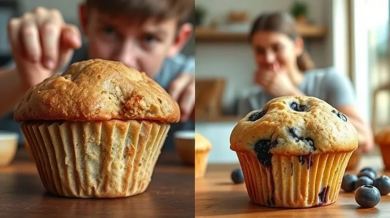 A Split image. Left side: A dry, crumbly, unappetizing gluten-free muffin, slightly collapsed, with a frustrated expression in the background. Right side: A perfectly moist, beautifully risen gluten-free blueberry muffin, with a happy, confident person enjoying it in a brightly lit kitchen. Photorealistic, professional photography, 8K, cinematic lighting, sharp focus on the muffins, depth of field. Shot on a high-end DSLR.