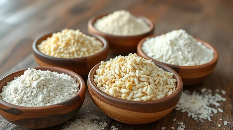 Photorealistic, professional photography of various gluten-free flours (corn, rice, tapioca) in small rustic bowls, arranged neatly on a wooden table, with soft, natural lighting. Sharp focus on the textures of the flours, depth of field blurring the background slightly. 8K hyper-detailed, shot on a high-end DSLR.