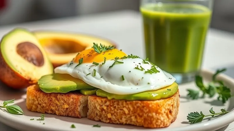 Photorealistic, professional photography of a healthy, balanced breakfast featuring a slice of gluten-free corn bread with avocado and a poached egg, next to a glass of green smoothie. Bright, natural light. Sharp focus on the food, depth of field blurring the background. 8K hyper-detailed, shot on a high-end DSLR.