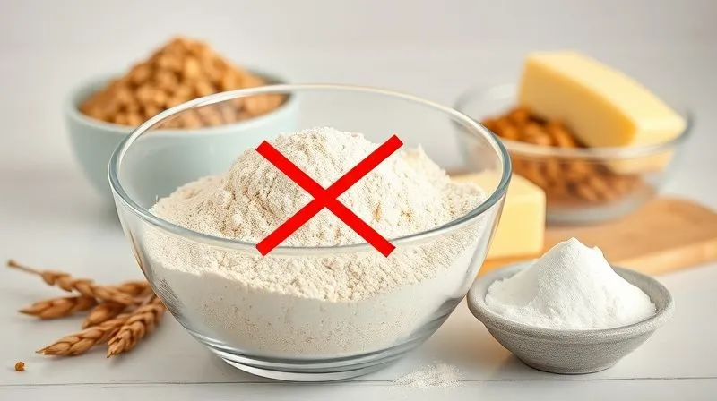 Photorealistic, professional photography, 8K, cinematic lighting, sharp focus, depth of field, shot on a high-end DSLR. A clear glass bowl containing finely ground whole wheat flour, next to a bowl of brown sugar and a stick of butter. A red "X" is visually superimposed over the sugar and butter, symbolizing "unfit" ingredients in a healthy cooking context. The background is a clean, modern kitchen setting, emphasizing the contrast between traditional and healthy baking.