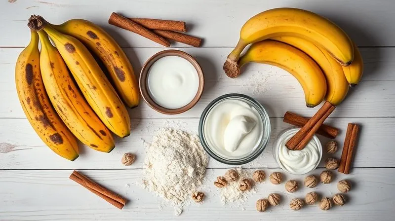 Photorealistic, professional photography, 8K, cinematic lighting, sharp focus, depth of field, shot on a high-end DSLR. A visually appealing flat lay of "fit" banana bread ingredients: very ripe, dark-spotted bananas, a small bowl of whole wheat flour, a glass jar of erythritol, a container of unsweetened apple sauce, Greek yogurt, and a sprinkle of cinnamon sticks and walnuts. All arranged on a light, rustic wooden surface, conveying health and natural goodness.