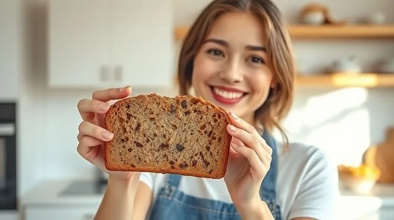 Photorealistic, professional photography, 8K, cinematic lighting, sharp focus, depth of field, shot on a high-end DSLR. A smiling young woman (Ania) proudly holding a perfect, moist slice of banana bread, looking happy and satisfied. The background shows a clean, modern kitchen with natural light, emphasizing a healthy lifestyle and successful baking. Emotional, conveying achievement and joy.