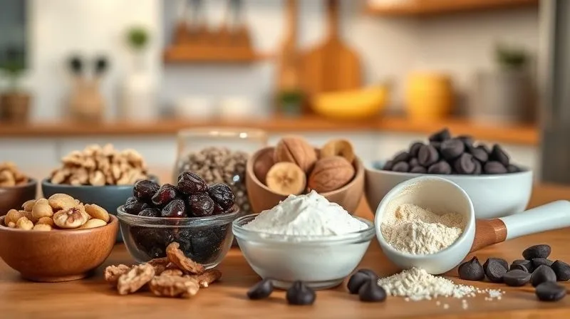Photorealistic, professional photography, 8K, cinematic lighting, sharp focus, depth of field, shot on a high-end DSLR. A beautifully arranged display of various "fit" banana bread additions: small bowls of walnuts, chia seeds, dried cranberries, dark chocolate chips, and a scoop of vanilla protein powder. The background is a warm, inviting kitchen, suggesting healthy customization and culinary creativity.