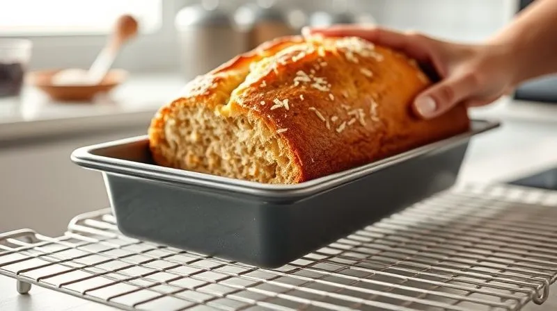 Photorealistic, professional photography, 8K, cinematic lighting, sharp focus, depth of field, shot on a high-end DSLR. A warm, golden-brown coconut bread loaf being gently removed from a baking pan onto a cooling rack, steam subtly rising. The background shows a modern, clean kitchen with soft, diffused light, emphasizing the freshness and warmth of the baked good.