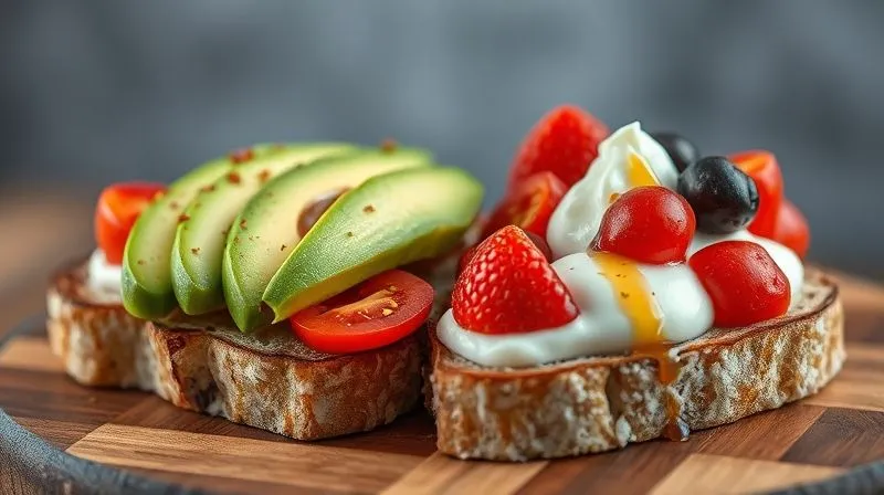 Photorealistic, professional photography, 8K, cinematic lighting, sharp focus, depth of field, shot on a high-end DSLR. A perfectly toasted slice of moist coconut bread, topped with vibrant avocado slices, cherry tomatoes, and a sprinkle of chili flakes. Another slice features a dollop of Greek yogurt with fresh berries and a drizzle of honey substitute. The background is softly blurred, focusing on the appetizing textures and colors of the food, suggesting healthy indulgence.