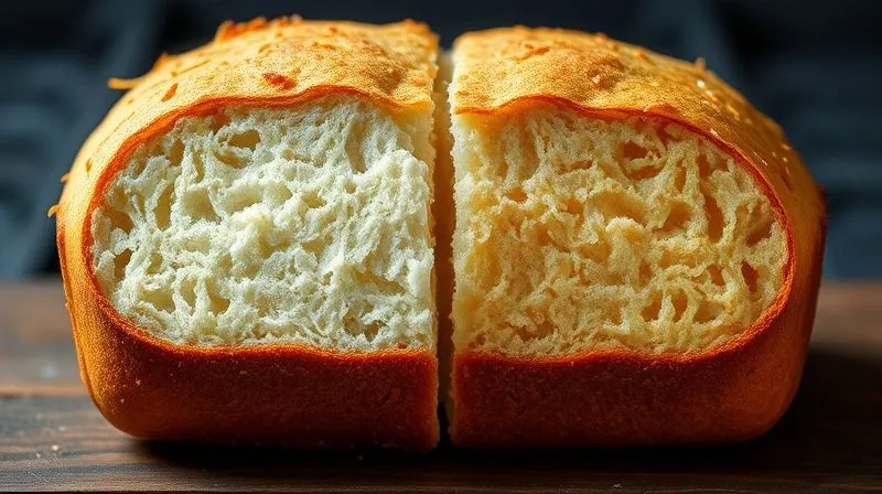 Photorealistic, professional photography, 8K, cinematic lighting, sharp focus, depth of field, shot on a high-end DSLR. A split image showing two halves of a coconut bread loaf. One half is clearly dry, crumbly, and pale, with visible gaps. The other half is moist, dense, golden-brown, and perfectly structured. This visual contrast highlights the difference between a failed attempt and a successful, moist fit coconut bread, emphasizing the problem and solution discussed.
