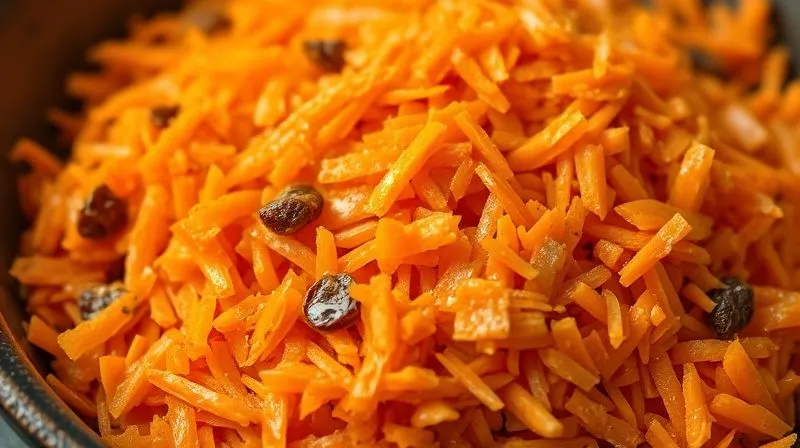 A photorealistic close-up of grated carrots mixed with a golden-brown natural sweetener (like date paste or maple syrup), with a few healthy fats (like coconut oil) drizzled over, all in a rustic bowl. Sharp focus on the glistening texture, depth of field blurring the background, cinematic lighting, 8K hyper-detailed, professional photography, shot on a high-end DSLR.