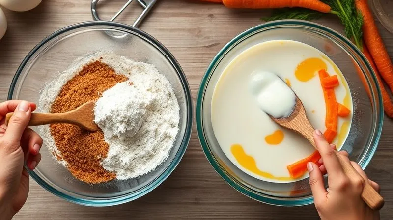 A photorealistic, top-down view of two glass bowls, one with dry ingredients (flour, spices, baking powder) perfectly mixed, and the other with wet ingredients (grated carrots, eggs, oil, yogurt) ready to be combined. A hand holding a wooden spatula is about to gently fold the wet into the dry. Cinematic lighting, sharp focus on the mixing bowls, depth of field blurring the background kitchen, 8K hyper-detailed, professional photography, shot on a high-end DSLR.