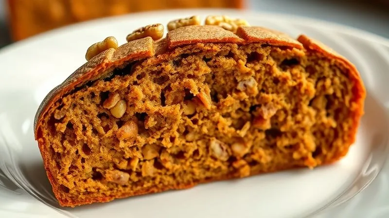 A photorealistic close-up of a beautifully textured carrot fit bread slice, revealing visible pieces of walnuts, golden raisins, and a soft, moist crumb. The slice is gently placed on a white ceramic plate. Soft, natural light illuminates the scene, highlighting the details of the bread. Sharp focus on the texture, depth of field blurring the background, 8K hyper-detailed, professional photography, shot on a high-end DSLR.