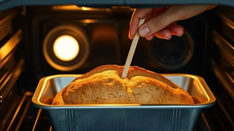 A photorealistic, warm and inviting scene inside a modern oven, showing a golden-brown carrot fit bread loaf baking in a metal loaf pan. The oven light is on, casting a soft glow. A hand is gently inserting a wooden skewer into the center of the bread to check for doneness. Sharp focus on the bread and skewer, depth of field blurring the oven interior, 8K hyper-detailed, professional photography, shot on a high-end DSLR.