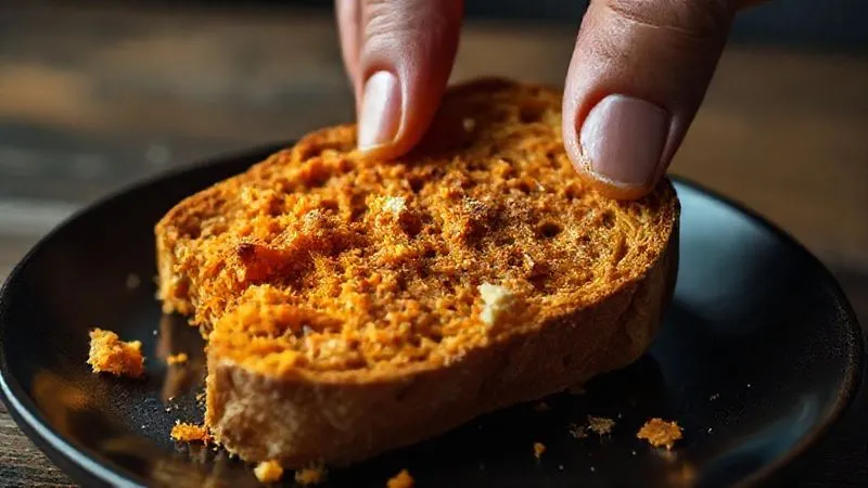 A close-up, photorealistic image of a dry, crumbly slice of carrot bread on a dark plate, looking unappetizing, with a frustrated hand reaching for it. Cinematic lighting, sharp focus on the dryness, 8K, shot on a high-end DSLR, depth of field.
