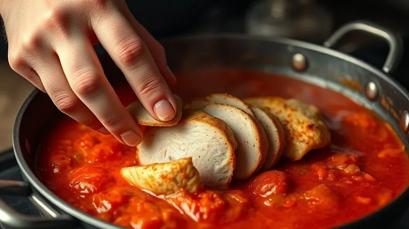 A photorealistic image of a chef's hand gently placing thinly sliced, cooked chicken breast into a simmering, vibrant red tomato sauce in a pan. Steam is rising, creating a soft glow. Cinematic lighting, sharp focus on the chicken and sauce, 8K, professional photography, depth of field. The scene should evoke warmth and culinary care.