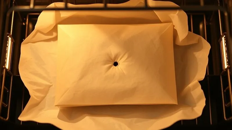 A photorealistic, top-down shot of a perfectly sealed parchment paper packet (en papillote) in an oven, slightly puffed up, with visible steam escaping from a small vent. The packet is surrounded by a gentle, warm glow. Cinematic lighting, sharp focus, 8K, professional photography, depth of field. The image should evoke anticipation and healthy cooking.