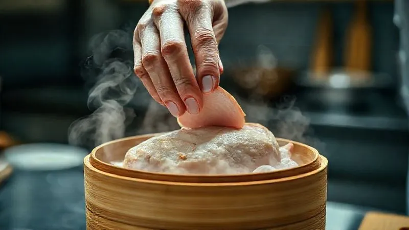 Photorealistic image of a professional kitchen. A chef's hand is placing thinly sliced, previously dry turkey breast into a steaming bamboo steamer basket. The steam is visible, gently rising around the turkey. In the background, a blur of a modern kitchen, cinematic lighting, sharp focus on the steamer and turkey, depth of field, 8K, shot on a high-end DSLR.