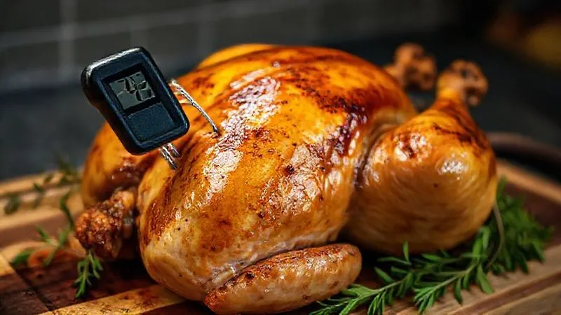 Photorealistic image of a digital meat thermometer inserted into a perfectly roasted, golden-brown turkey breast. The display shows 74°C. The turkey is resting on a wooden cutting board, surrounded by fresh herbs. Professional photography, 8K, cinematic lighting, sharp focus on the thermometer and turkey, depth of field, shot on a high-end DSLR.