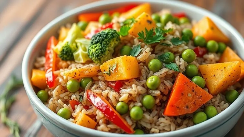 Photorealistic, professional photography, 8K, cinematic lighting, sharp focus, depth of field, shot on a high-end DSLR. A vibrant, colorful bowl of gluten-free brown rice generously mixed with a medley of fresh, steamed vegetables like broccoli florets, red bell pepper strips, green peas, and roasted sweet potato cubes. The rice and vegetables are lightly seasoned and topped with fresh herbs, creating an inviting and healthy meal. The image highlights texture and natural colors, emphasizing freshness and nutritional value.