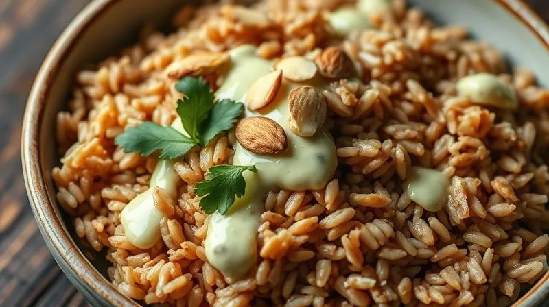 Photorealistic, professional photography, 8K, cinematic lighting, sharp focus, depth of field, shot on a high-end DSLR. A close-up of a perfectly cooked bowl of gluten-free brown rice, artfully drizzled with a light, homemade green herb yogurt sauce. A few chopped almonds and fresh cilantro leaves are scattered on top, adding texture and freshness. The scene emphasizes healthy fats and flavorful sauces, making a simple meal look gourmet and appealing.