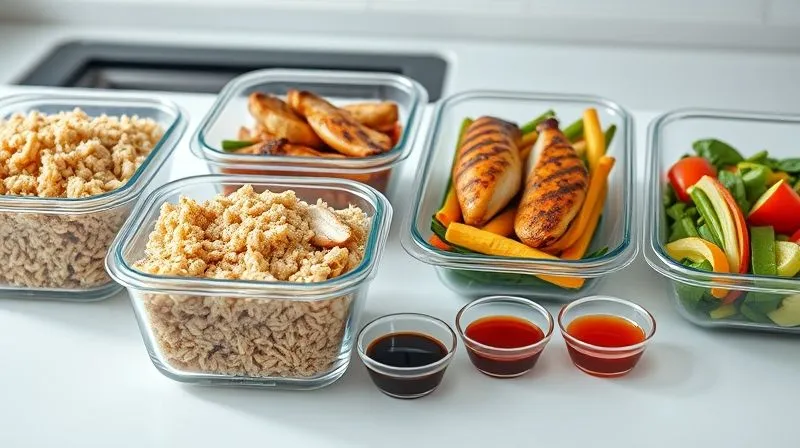 Photorealistic, professional photography, 8K, cinematic lighting, sharp focus, depth of field, shot on a high-end DSLR. A meticulously organized meal prep setup on a clean kitchen counter. Several clear glass containers are filled with distinct components: one with perfectly cooked brown rice, another with grilled chicken breast slices, a third with a colorful mix of steamed vegetables, and small condiment cups with various healthy sauces. The scene conveys efficiency, health, and readiness, inspiring effective meal planning.