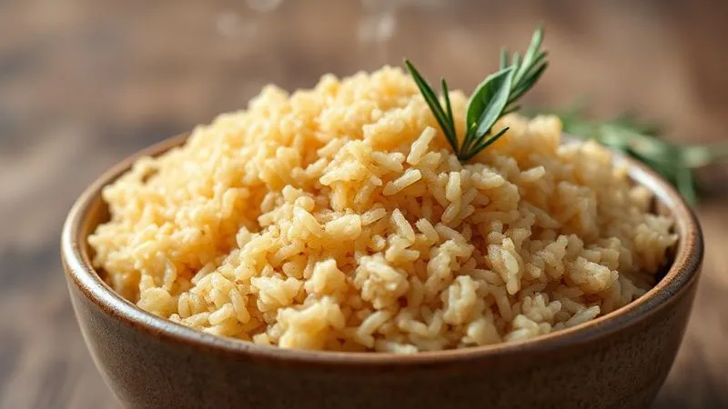 Photorealistic, professional photography, 8K, cinematic lighting, sharp focus, depth of field, shot on a high-end DSLR. A perfectly cooked bowl of fluffy brown rice, steam gently rising, with a single bay leaf and a sprig of fresh rosemary visible, suggesting aromatic cooking. The background is softly blurred, focusing on the texture and warmth of the rice.