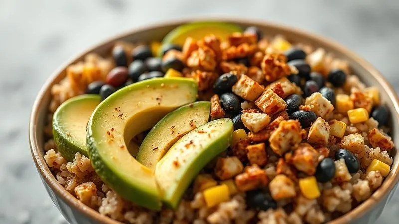 Photorealistic, professional photography, 8K, cinematic lighting, sharp focus, depth of field, shot on a high-end DSLR. A close-up of a vibrant, healthy vegan bowl with brown rice, black beans, corn, avocado slices, and crumbled spiced tofu. The ingredients are distinct and colorful, emphasizing texture and freshness, with soft, inviting light.