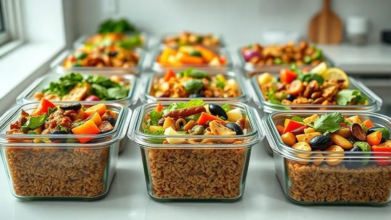 Photorealistic, professional photography, 8K, cinematic lighting, sharp focus, depth of field, shot on a high-end DSLR. A meticulously organized kitchen counter with several glass meal prep containers filled with various colorful vegetarian meals. Each container clearly shows brown rice as a base, topped with different combinations of roasted vegetables, fresh greens, legumes, and sauces. The scene is bright, clean, and inspiring, emphasizing efficiency and healthy eating.