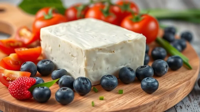 Photorealistic, professional photography, 8K, cinematic lighting, sharp focus, depth of field, shot on a high-end DSLR. A pristine block of fresh, white low-fat cottage cheese on a wooden board, surrounded by vibrant, colorful fresh ingredients like blueberries, raspberries, chopped chives, and cherry tomatoes, symbolizing health and versatility.