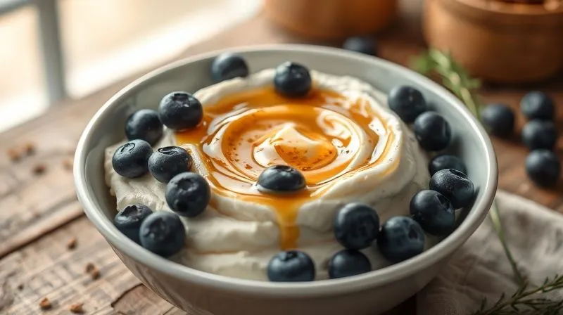 Photorealistic, professional photography, 8K, cinematic lighting, sharp focus, depth of field, shot on a high-end DSLR. A beautifully arranged bowl of creamy cottage cheese with a swirl of honey or maple syrup, sprinkled with cinnamon and fresh blueberries, placed on a rustic wooden table with soft morning light.