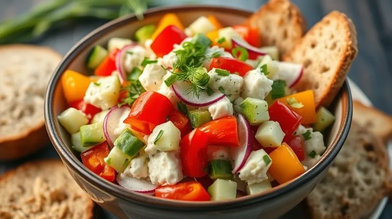 Photorealistic, professional photography, 8K, cinematic lighting, sharp focus, depth of field, shot on a high-end DSLR. A vibrant bowl of savory cottage cheese mixed with chopped fresh vegetables like bell peppers, cucumbers, radishes, and green onions, garnished with dill and chives, served with crisp rye bread slices on the side.