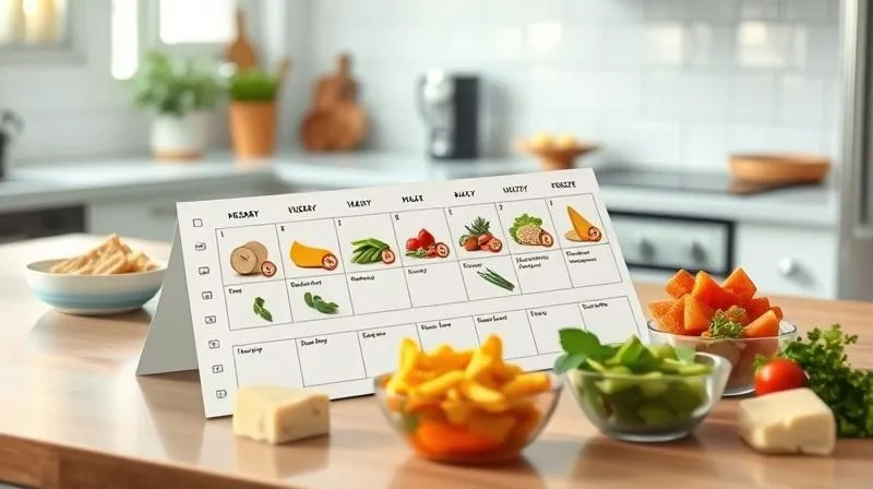 Photorealistic, professional photography, 8K, cinematic lighting, sharp focus, depth of field, shot on a high-end DSLR. A beautifully organized weekly meal planner on a clean, modern kitchen counter, with colorful, healthy food icons for each day, including various cottage cheese dishes, symbolizing thoughtful meal preparation and variety.