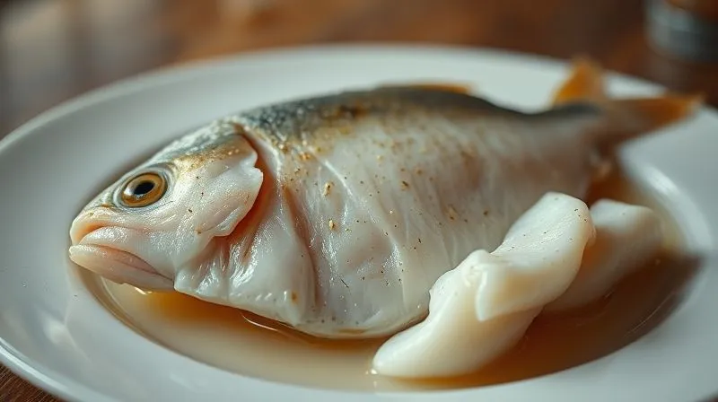 A close-up, photorealistic image of a steaming plate of plain, unseasoned boiled white fish, looking bland and unappealing on a simple white plate. The lighting is harsh and uninviting, emphasizing the lack of color and texture. professional photography, 8K, cinematic lighting, sharp focus, depth of field, shot on a high-end DSLR.